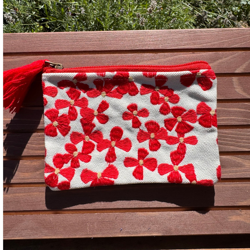 Embroidered Red Flower Canvas Coin Pouch 4 x 6 Bag Makeup Bag Coin Pouch Travel